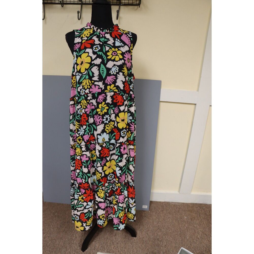 Mud Pie Alana Midi Dress Black Vibrant Multicolor Floral Ruffle High Neck Size M